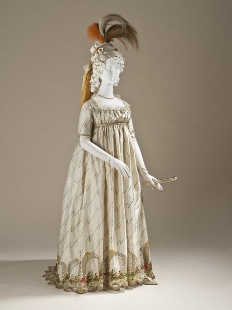 Woman's Dress (Round Gown) Europe, textile 1785–1790; dress circa 1795 Silk plain weave with weft-float patterning, silk and metallic-thread embroidery, sequins, silk and linen net, silk satin, and silk plain-weave (faille) trim Center back length: 56 in. (142.24 cm) M.2007.211.933 | LACMA Collections 18th Century Ball Gown, 1790s Dress, 1790s Fashion, 1700 Fashion, Regency Era Fashion, Regency Dress, Regency Fashion, 18th Century Fashion, Vintage Gowns