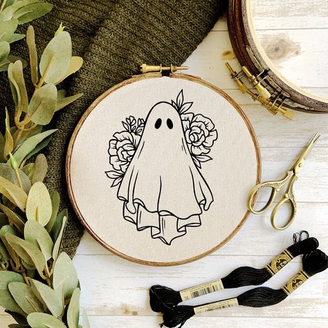 "Wildflower Ghost Embroidery Pattern WHAT YOU RECEIVE: ◗ This pattern comes as a PDF file ready to print with the pattern already scaled to fit 3\",4\", 5\" 6\" 7\", and 8\" hoops. All you will need to do is download it, print whichever page you need, cut out the circle, transfer the design to your fabric via pencil or marker, and embroider away! ◗ Stitching Guide on how to transfer design, prepare your hoop and a 9 basic stitch instruction. ◗ Print this pattern as many times as you like and cre Vintage Halloween Embroidery Patterns, Spooky Season Embroidery, Cute Ghost Embroidery, Ghost Embroidery Pattern, Spooky Embroidery Patterns, Fall Embroidery Patterns, Halloween Embroidery Patterns, Horror Embroidery, Witchy Embroidery