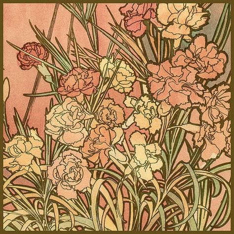 Mucha, Alphonse 'Les Fleurs-The Carnation' 1898 by Plum leaves (moving), via Flickr Fiori Art Deco, Plum Leaves, Arte Aries, Fleurs Art Nouveau, Art Nouveau Mucha, Art Deco Flowers, Motifs Art Nouveau, Alphonse Mucha Art, Mucha Art