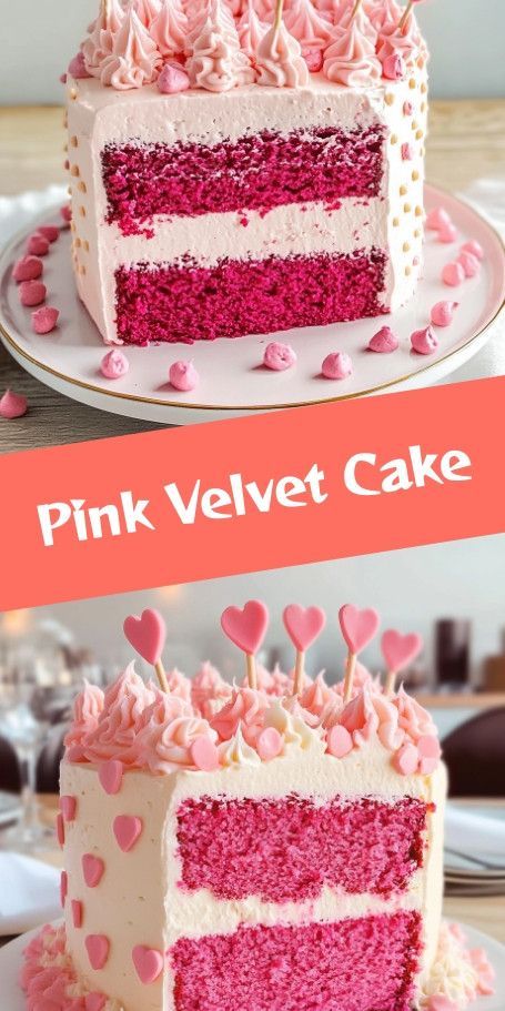 Pink Velvet Celebration Cake Recipe | Moist & Vibrant Dessert Delight Indulge in this Pink Velvet Celebration Cake, perfect for any special occasion. With moist layers and a luxurious cream cheese frosting, this vibrant dessert is sure to wow your guests. Ideal for birthdays, anniversaries, and more! Pink Girly Cake Birthday, Strawberry Velvet Cake Recipe, Pink Red Velvet Cake, Strawberry Velvet Cake, Cake Flavours Ideas, Pink Cake Recipe, Pink Dessert Ideas, Pink Velvet Cake Recipe, Pink Sprinkle Cake