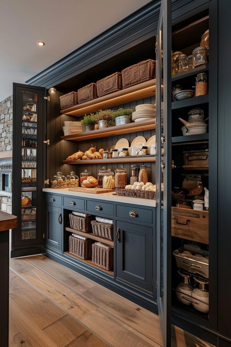 Beautiful custom luxury kitchen pantry. 카페 인테리어 디자인, Kitchen Pantry Design, Blue Cabinets, Pantry Design, Kitchen Remodel Idea, Kitchen Organizing, Open Kitchen, Kitchen Makeover, Custom Kitchen