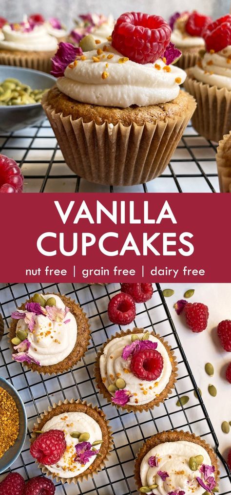 These paleo vanilla cupcakes are made with a nut free/cassava free flour blend from Beth's Blends. They are paleo, gluten free, nut free and dairy free. A great tasting, healthy cupcake recipe that fits many dietary restrictions. #vanillacupcakes #paleorecipes #nutfree #dairyfree Nut Free Cupcakes, Paleo Frosting Recipe, Paleo Cupcakes Recipes, Grain Free Dessert Recipes, Healthy Paleo Desserts, Paleo Cupcakes, Aip Baking, Nut Free Desserts, Healthy Cakes