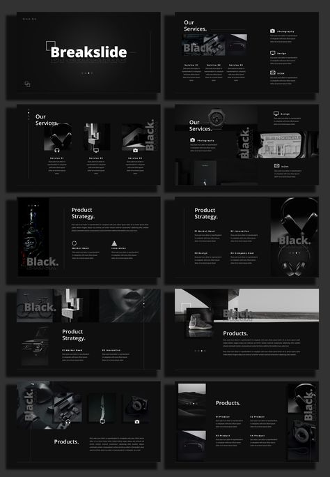 Grey Presentation Design, Black On Black Graphic Design, Dark Presentation Template, Elegant Company Profile, Black And White Presentation Design, Black Presentation Background, Social Media Pitch Deck, Fashion Pitch Deck, Minimalistic Presentation Design