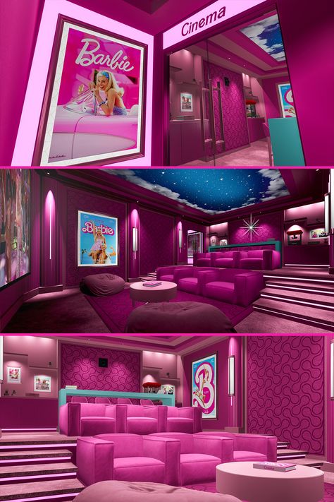 Pink Movie Room, Barbie Dream House Bedroom, Barbie Inspired House, Barbie Movie House, Pink Movie Theater, Bloxburg Movie Theater Ideas, Bloxburg Cinema, Barbie Movie Theater, Barbie Interior Design