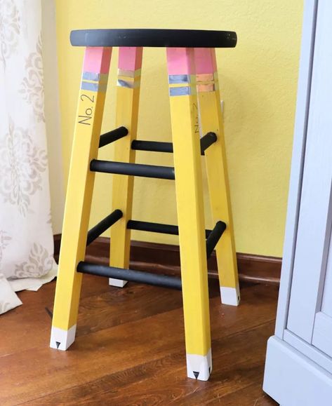 10 Back to School Ideas That Are So Darn Cute! | Hometalk Painted Teacher Stool, Teacher Stool, Writing Utensils Organization, Teacher Stools, Creative Teachers Gifts, 2023 Classroom, Crayon Wreath, Painting Teacher, Painted Stools