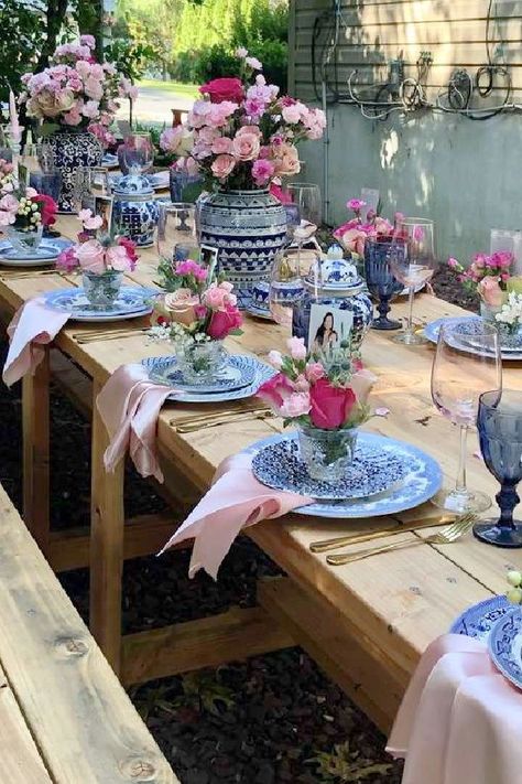 Take a look at this fabulous Mother's Day party! The table settings are so impressive! See more party ideas and share yours at CatchMyParty.com Mothers Day Dining Table Decor, Party Tablescapes Ideas, Formal Tea Party Table, Garden Dinner Party Table Setting, Spring Table Set Up, Birthday Table Setting Ideas For Women, Outside Table Setting Ideas, Mother's Day Table Settings, Mothers Birthday Party Ideas