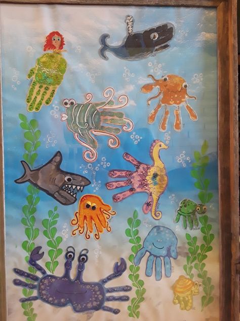 Sea Creatures Handprints, Under The Sea Handprint Crafts, Sea Animals Handprint Art, Hand Print Fish Craft, Hand Print Sea Animals, Seahorse Footprint Art, Ocean Animal Handprint Art, Sea Creature Crafts For Kids Preschool, Handprint Sea Animals