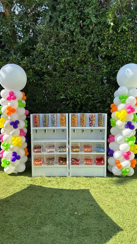 Our candy bin wall is like having your very own pick and mix candy shop at your party! What sweets would you pick out and mix in your bag?… | Instagram Candy Dispenser Wall Party, Diy Candy Wall, Candy Buffet Ideas Birthday, Snack Cart Party, Candy Cart Ideas, Candy Station Ideas, Party Rental Business Ideas, Candy Shop Birthday Party, Market Backdrop