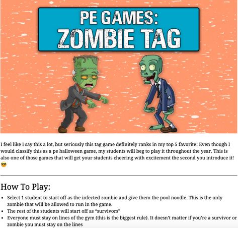 Middle School Pe Games Outside, Zombie Tag Game, Pe Tag Games Elementary, Early Elementary Pe Games, Inside Pe Games, Second Grade Pe Games, Halloween Phys Ed Games, Halloween Pe Activities For Kids, Halloween Elementary Pe Games