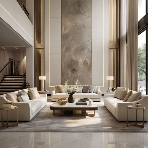 Contemporary Majlis Design, Luxury Minimalist Interior, High Ceiling Living Room Modern, Luxury Contemporary Interior Design, Living Room Designs Modern, Luxury Artwork, Double Height Living Room, High Ceiling Living Room, Modern Luxury Interior