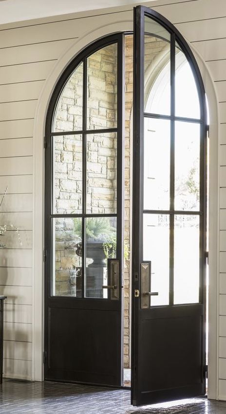 Black Arched French Doors, Arched Metal Doors, Arch French Doors Exterior, Oval Glass Door, Arched French Doors Exterior, Arched French Doors Exterior Entrance, Black Arched Front Door, Arched Entry Door, Arched Glass Door