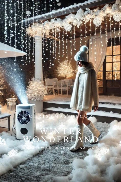 white Fake Snow Decorations Indoor, Outdoor Winter Wonderland Decorations, Winter Wonderland Outdoor Decorations, Winter Wonderland Decorations Diy, Outdoor Winter Wonderland, Diy Winter Wonderland Decorations, Christmas Tree Outside, Winter Wonderland Christmas Party, Snow Decorations