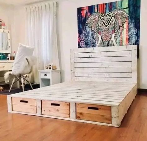 23 DIY Pallet Bed Ideas - Colour Saturated Life Build Beds, Pallet Bed With Storage, Palette Bed, Pallet Bed Frame Diy, Coastal Cabin, Pallet Bed Frame, Bed Drawers, Diy Pallet Bed, Pallet Furniture Designs