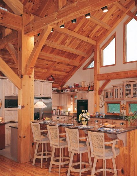 Kitchens Timber Frame Cabin, Cabin Loft, Exterior Finishes, Barn Loft, Wooden House Design, Timber Frame Home, Open Loft, Barn House Design, Timber Frames