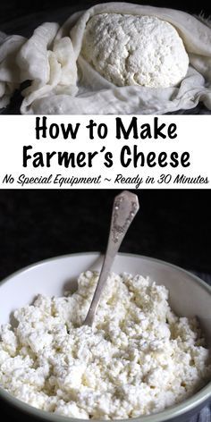 How to Make Farmer's Cheese ~ No special equipment and ready in under 30 minutes, homemade farmer's cheese is an easy beginning cheesemaking recipe. Farmers Cheese Recipes, Cheese Recipes Homemade, Farmer’s Cheese, Cheese Making Recipes, Goat Milk Recipes, Cheese At Home, Diy Cheese, Farmers Cheese, Health Is Wealth