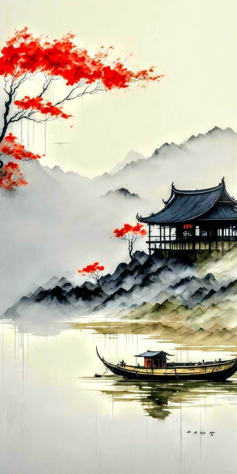 Asian Phone Wallpaper, Chinese Phone Wallpaper, Chinese Wallpaper Backgrounds, China Wallpaper Aesthetic, Japanese Landscape Wallpaper, Japanese Scenery Art, Japanese Style Wallpaper, Japanese Wallpapers, Lukisan Lanskap