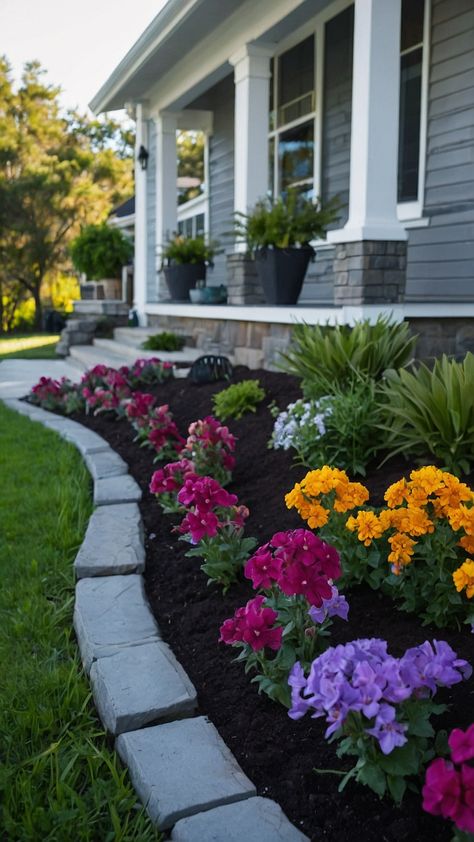 Discover stunning Flower Beds in Front of House Rock Fall Raised Ideas Low Maintenance DIY Stone Full Sun Rocks Easy Perennial Rustic White Rock Get inspired with beautiful and easy-to-maintain landscaping ideas Perfect for a rustic and charming look Walkway Flower Bed Ideas, Landscaping Ideas For Front Of House, Flower Bed Ideas In Front Of House, Flower Beds In Front Of House, Front Flower Bed Ideas, Easy Flower Bed Ideas, Front Of House Landscaping, Front Of House Flower Beds, Front Yard Flower Beds