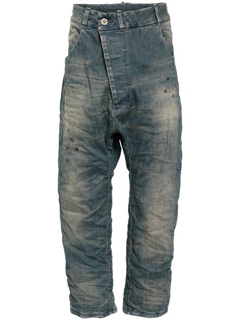 blue cotton blend washed denim crinkled finish off-centre front fastening slip pockets to the sides adjustable strap to the rear drop crotch straight leg Cross Denim Jeans, Drop Crotch Jeans, Boris Bidjan Saberi, Balenciaga Speed, Street Fashion Men Streetwear, Men Streetwear, Versace Outfit, Jeans Fashion, Balenciaga Triple S