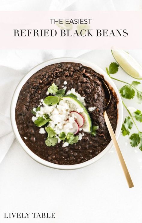 Easy refried black beans made in under 15 minutes with canned beans, are a weeknight staple to go with all of your Mexican food favorites! (#vegan, #glutenfree, #nutfree) #blackbeans #beans #weeknightmeals #sidedish #Mexicanfood #easy #recipes #healthy Refries Black Beans Recipe, Refried Black Beans Recipe, Refried Black Beans, Black Beans Recipe, Refried Beans Recipe, Black Bean Recipes, Gluten Free Sides, Delicious Gluten Free Recipes, Feel Good Food