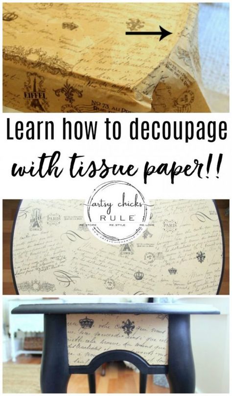 Modge Podge Furniture With Paper, Tissue Paper Transfer To Wood, Decoupage Tissue Paper On Wood, Decoupage Dining Table Top, Decopage Furniture With Tissue Paper, Tissue Paper Transfer Art, Tissue Paper Decoupage Diy, Mod Podge Tissue Paper On Wood, Tissue Paper Modpodge