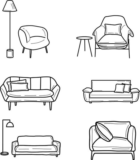 Handdraw doodle of sofa in the livingroom Cartoon Furniture Drawing, Sofa Design Sketch, Cartoon Room Drawing, Sofa Drawing Easy, Sofa Illustration Drawings, Sofa Illustration Vector, Couch Drawing Easy, How To Draw A Sofa, Sofa Drawing Sketch