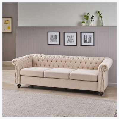 This adjustable button decorative sofa with its smooth fabric and unique design adds a charming charm to your living space. Wooden leg supports provide a natural beauty while providing stable support to ensure long-term use. The adjustable design allows this sofa to be used not only as a sofa, but also as a comfortable simple bed, easily responding to the needs of overnight guests. Available in beautiful blue-grey, mustard yellow and navy blue to match different home styles. House of Hampton Upholstery Colour: Beige | House of Hampton SOFA - 3 SEATER, Fabric | CRMP9898_104572929 | Wayfair Canada Chesterfield Style Sofa, Hampton Sofa, 2 Piece Sectional Sofa, High Quality Sofas, Modern Sofa Sectional, Sectional Sofa Couch, Tufted Sofa, Brown Sofa, Sofa Upholstery