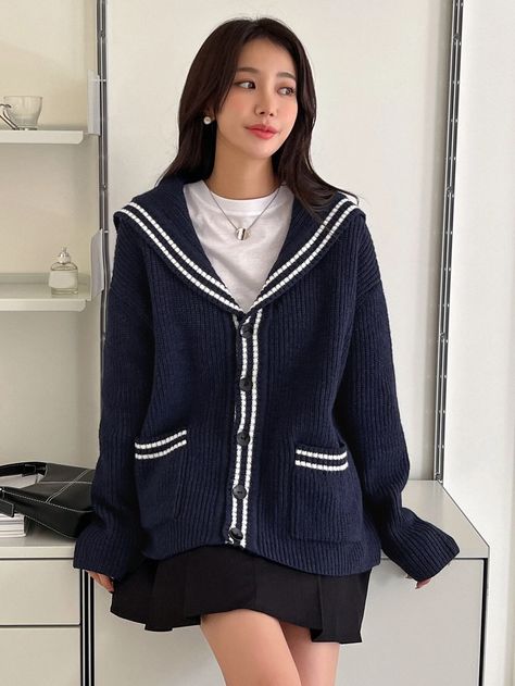 Navy Blue Cardigan Outfit, Sailor Outfit For Women, Cardigan Outfit Korean, Blue Cardigan Outfit, Collar Outfits, Shoulder Cardigan, Drop Shoulder Cardigan, Winter Outfits For Girls, Outfit Korean