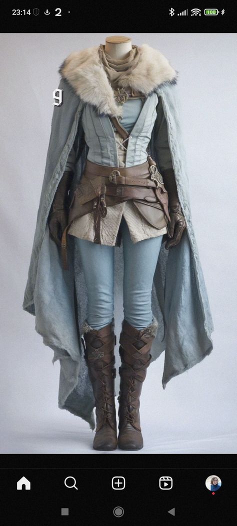 Winter Elven Outfit, Noble Aesthetic Outfit, Feminine Fantasy Outfits, Dune Style Clothing, Cold Fantasy Clothes, Cold Weather Fantasy Outfits, Winter Ren Faire Costume, Viking Inspired Outfit Modern, Mid Evil Times Outfit