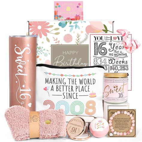 PRICES MAY VARY. 🎁 16th Birthday Gifts for Girls: Hey the 16 year-old, you're move into a cool age! Celebrate the special milestone of turning 16 with our exclusive and carefully curated "16th Birthday Gift Set for Girls." This unique collection is definitely happy your daughter, niece, or granddaughter. 🎂 10 pieces Unique 16th Birthday Gifts: Packed with 10 thoughtfully selected pieces, each item is chosen to reflect the excitement and positivity of entering a cool age. 1* 20oz rose-gold insu 16 Days Of Gifts For 16th Birthday, Sweet 16 Special Gifts, 16th Birthday Gifts For Girls, Diy Birthday Gifts For Him, Teenager Birthday Gifts, 18th Birthday Gifts For Girls, Birthday Gifts For Daughter, Return Gifts For Kids, Sweet 16 Birthday Gifts