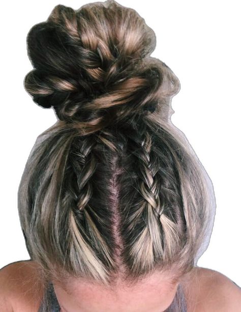 Braids Into High Ponytail, Braid Into High Bun, Braid Buns, High Messy Bun, French Braid Buns, Double Braids, Volleyball Hair, Track Hairstyles, Competition Hair