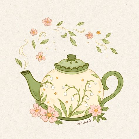 Teapot Drawing, Cottagecore Drawing, Teacup Art, Whimsical Art Journal, Cottagecore Art, Tea Art, Dibujos Cute, Kawaii Drawings, Whimsical Art