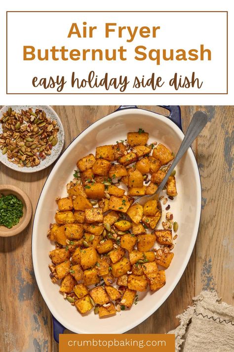 Air Fryer Butternut Squash is seasoned with herbs, spices and maple syrup and air fried until tender. Enjoy it as squash cubes or squash halves for an easy and delicious side dish! Squash Air Fryer, Air Fryer Butternut Squash, Easy Holiday Side Dishes, Gluten Free Vegan Recipes, Butternut Squash Recipes, Herbs Spices, Holiday Side Dishes, Sugar Free Recipes, Healthy Side Dishes