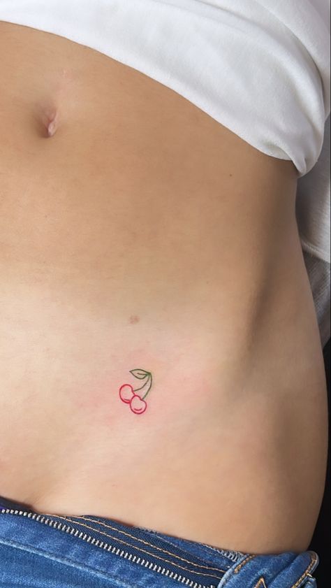 Small Tattoos Trio, Cherry Hip Tattoo, Cherry Tattoo On Bum For Women, Cute Places For Small Tattoos, Good Days Tattoo, Cherry Tattoo Small Simple, Small Cherry Tattoo, Tiny Cherry Tattoo, Simple Spine Tattoos For Women