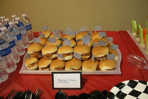 Grayson's Cars-themed birthday party. Sliders were topped with mini checkered flag picks. More on www.fabeveryday.com Cars Themed Birthday Party, Disney Cars Birthday Theme, Lightning Mcqueen Party, Ka Chow, Pixar Cars Birthday, Cars Birthday Party, Family Cars, Disney Cars Party, Disney Cars Birthday