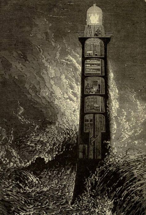 Illustration from R.M. Ballantyne - The Lighthouse (1900) Mermaid Lighthouse, Ancient Lighthouse, Lighthouse Plans, Ocean Academia, Lighthouse Project, Ender Man, House Greyjoy, The Tower Tarot, Nautical Aesthetic