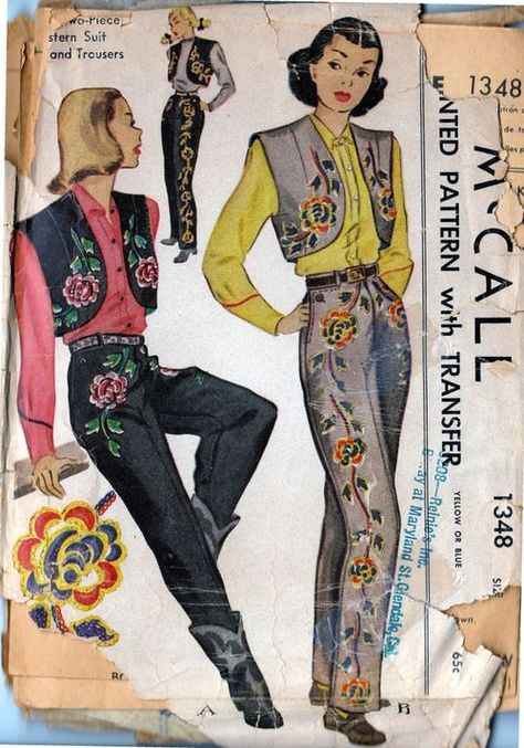 McCall 1348; ©1949; Misses' Two-Piece Western Suit - Bolero and Trousers Yellow or Blue Transfer for Embroidery. The embroidered bolero, Western style! Swagger bolero, tapered trousers, splashed with huge roses in bright colors, suggests the gala attire worn in the early days of the Spanish-owned West. Satin and chain stitches. Trousers reinforced for riding. Embroider from waist to thigh or from waist to ankle. Sizes 12, 14, 16, 18. Divine Geometry, Gala Attire, Western Suit, Vintage Western Wear, Patron Vintage, Western Suits, Look Retro, Vintage Cowgirl, Embroidery Transfers