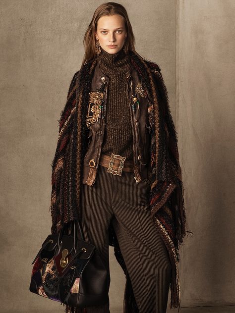 Ralph Lauren Collection Hamlin Leather Vest, Cashmere Funnelneck Sweater, Celessee Striped Wool Pant and Ornate-Buckle Leather Belt Mundo Hippie, Ralph Lauren Womens Clothing, Ralph Lauren Fall, Boho Chique, Bohemian Mode, Estilo Rock, Ralph Lauren Style, Mode Boho, Party Kleidung