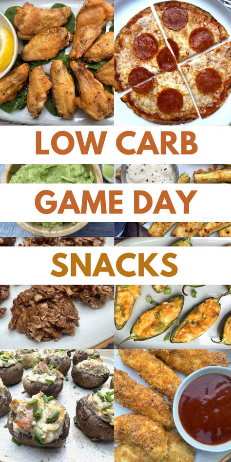 8 images of game day snacks including low carb pizza, chicken wings, chicken fingers, stuffed mushrooms and cookies. Protein Game Day Snacks, Low Carb Snacks For Party, Low Carb Game Day Snacks, High Protein Game Day Snacks, Low Carb Game Day Food, Low Carb Tailgate Food, Keto Football Snacks, Keto Game Day Food, Low Carb Snacks On The Go