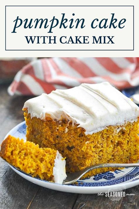 Thanks to help from a box of yellow cake mix and vanilla pudding, this easy pumpkin cake recipe comes together in minutes. Topped with cinnamon cream cheese frosting, the perfect fall dessert tastes like it's made from scratch! Cake Mix And Vanilla Pudding, Cake Mix And Pudding, Easy Pumpkin Cake, Cake Pucks, Pumpkin Cake Easy, Pumpkin Cake Recipe, Cake Mix Muffins, Cake Pumpkin, Cinnamon Cream Cheese