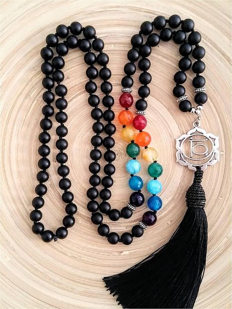 Mala Beads Diy, Mens Bracelet Designs, Mala Jewelry, Mala Bead Necklace, 108 Mala Beads, Black Rainbow, Chakra Jewelry, Sacral Chakra, Mala Necklace