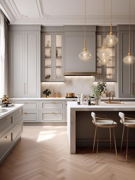 Black Neutral Kitchen, Neoclassical Kitchen Design, White Kitchen Dark Floors, Neo Classic Kitchen, High End Kitchen Design, Biggest Kitchen, Kitchen Orangery, Transitional Kitchen Ideas, Modern Scandinavian Kitchen