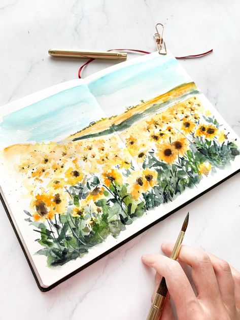 Painting Ideas Easy Simple, Sunflower Watercolor Painting, Painting Ideas On Canvas Easy, Painting Ideas Easy, Watercolor Art Journal, Acrylic Painting Ideas, Watercolor Pencil, Watercolor Journal, Watercolour Inspiration