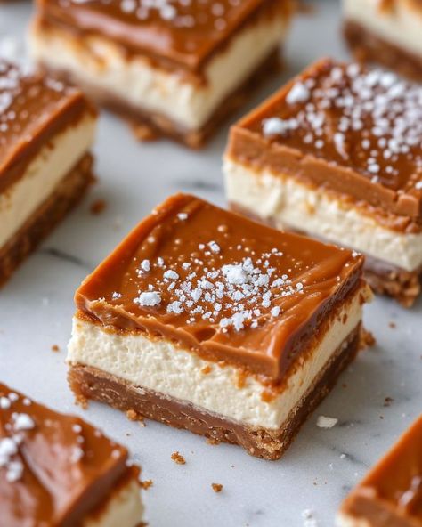 My father-in-law who doesn't eat much, ended up eating 3 of these bars at his first sitting! Caramel Cheesecake Bars, Rich Cheesecake, Salted Caramel Cheesecake, Cheesecake Bar Recipes, Sweet Bar, Make Ahead Desserts, Dessert Bar Recipe, Caramel Cheesecake, Cookie Bar Recipes