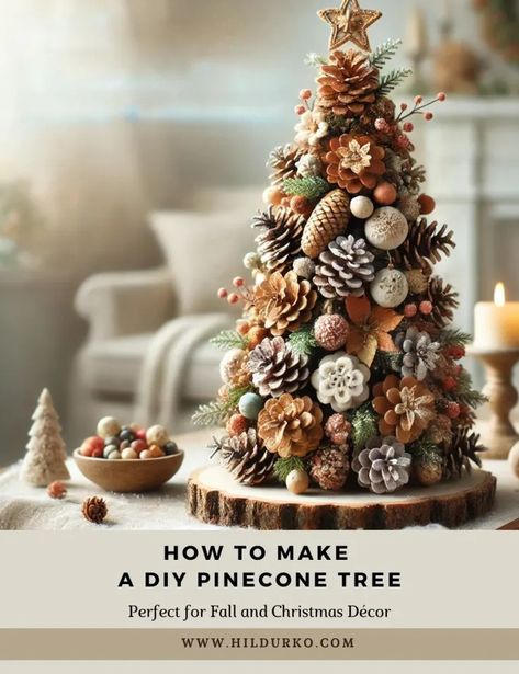 How to Make a DIY Pinecone Tree - Colorful Conversations: HildurKO's Visual Journal Pine Cones Christmas Crafts, Xmas Pine Cone Decorations, Pinecone Christmas Decorations Diy, Pinecone Tree Craft, Diy Pinecone Christmas Tree, Pinecone Christmas Trees Diy, Small Pinecone Crafts Ideas, How To Treat Pinecones For Crafts, Diy Pinecone Tree