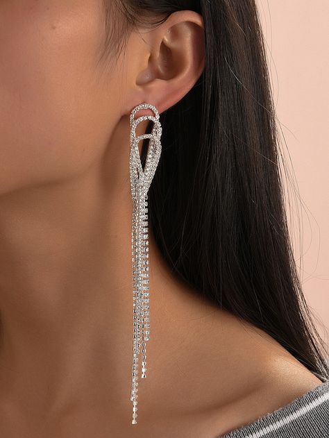 Silver Glamorous   Zinc Alloy  Dangle Embellished   Jewelry Gala Jewelry, Clear Crystal Necklace, Fancy Jewellery Designs, Prom Earrings, Sparkly Jewelry, Luxury Earrings, Big Girl Fashion, Fancy Jewellery, Fancy Jewelry