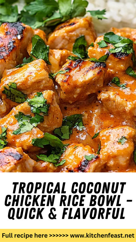 Discover a quick and flavorful Tropical Coconut Chicken Rice Bowl recipe! Ready in 35 minutes, it features tender chicken, jasmine rice, and fresh veggies in a creamy coconut sauce. Chicken With Coconut Aminos, Creamy Cilantro Chicken, Coconut Instant Rice, Coconut Aminos Stir Fry, Coconut Milk And Chicken Recipes, Coconut Rice Dishes, Thai Chicken Thigh Recipes, Chicken And Rice Dishes For Dinner, Chicken And Coconut Milk Recipes