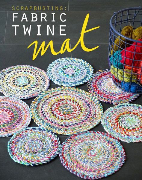 Scrap Fabric Twine Mat Tutorial Upcycle Fabric Twine, Scrap Fabric Projects, Fabric Bowls, Costura Diy, Scrap Quilt, Diy Rug, Scrappy Quilts, Fabric Baskets, Sewing Projects For Beginners