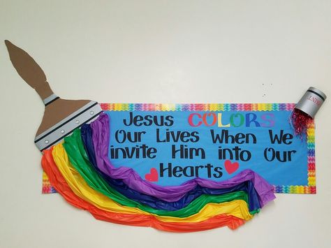 Paint Brush Bulletin Board, Sunday School Classroom Decor, Colorful Bulletin Boards, Christian Bulletin Boards, Sunday School Rooms, Sunday School Classroom, Preschool Bulletin, Church Bulletin Boards, Art Classroom Decor