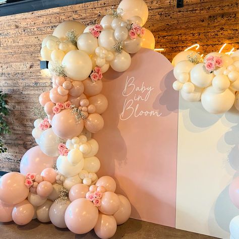 ✨Baby in Bloom🌸 Absolutely in love with these soft tones and the fresh touch of natural flowers. The perfect setup for welcoming a new little one! 💕 #acrylicsign #balloondecor #babyshower #babyinbloom #balloondecoration #balloongarland #collegestationevents #bryanvenue #bcs # #decoracionconglobos #babyinbloombabyshower Baby In Bloom Balloon Garland, Baby In Bloom Backdrop, Pink Baby Shower Ideas, Bloom Party, Flower Balloons, Peach Baby Shower, Baptism Decorations, Baby In Bloom, Balloon Ideas