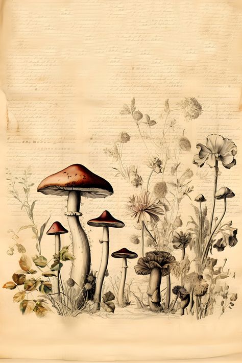 Vintage Mushroom Art, Botanical Printables, Vintage Newspaper, Illustration Botanique, Journal Vintage, Vintage Mushroom, Decoupage Art, Vintage Collage, Mushroom Art